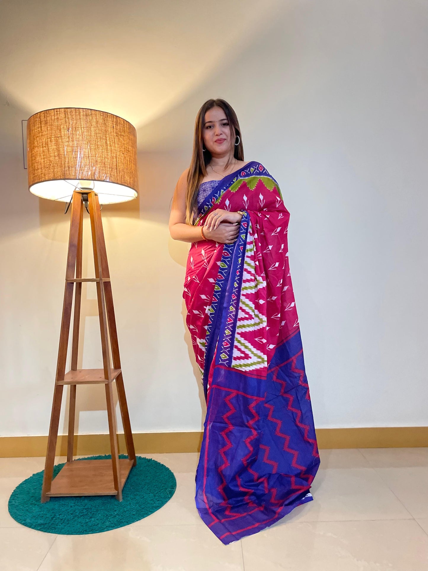 Pink-Blue Cotton Mul Printed Saree