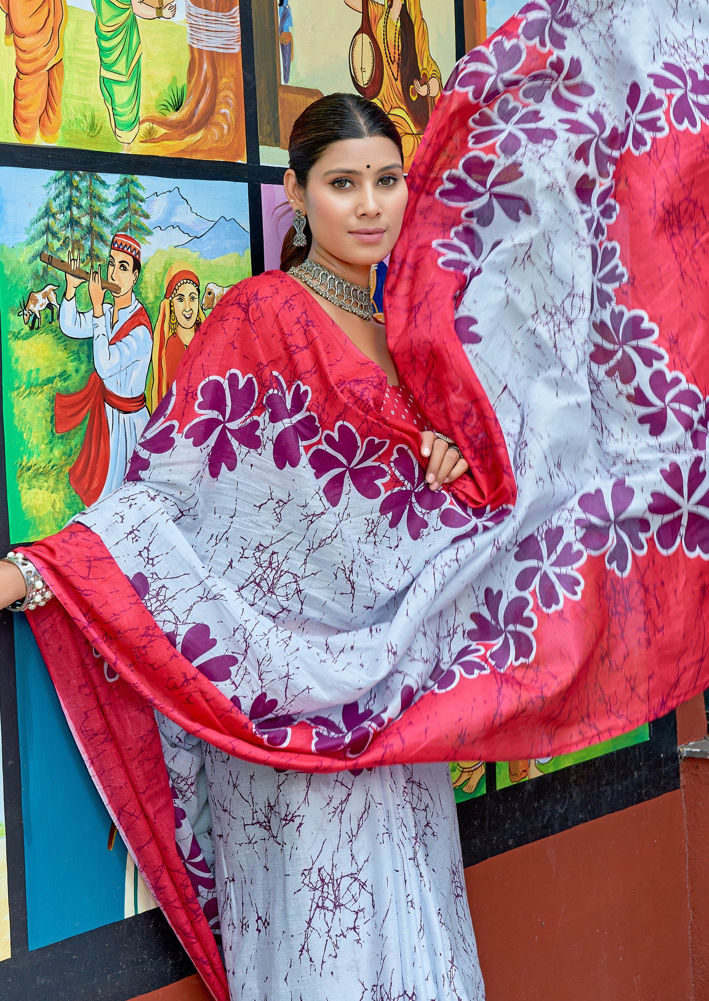 Red-White Cotton Mul Printed Saree