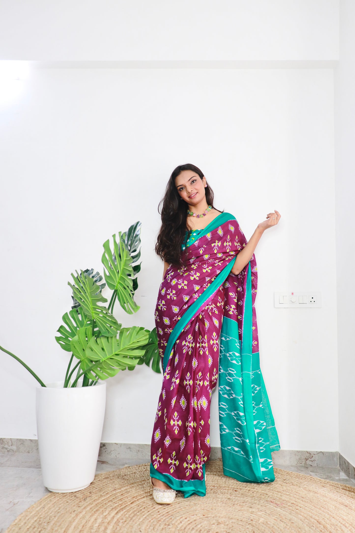 Wine-Mint Green Cotton Printed Saree