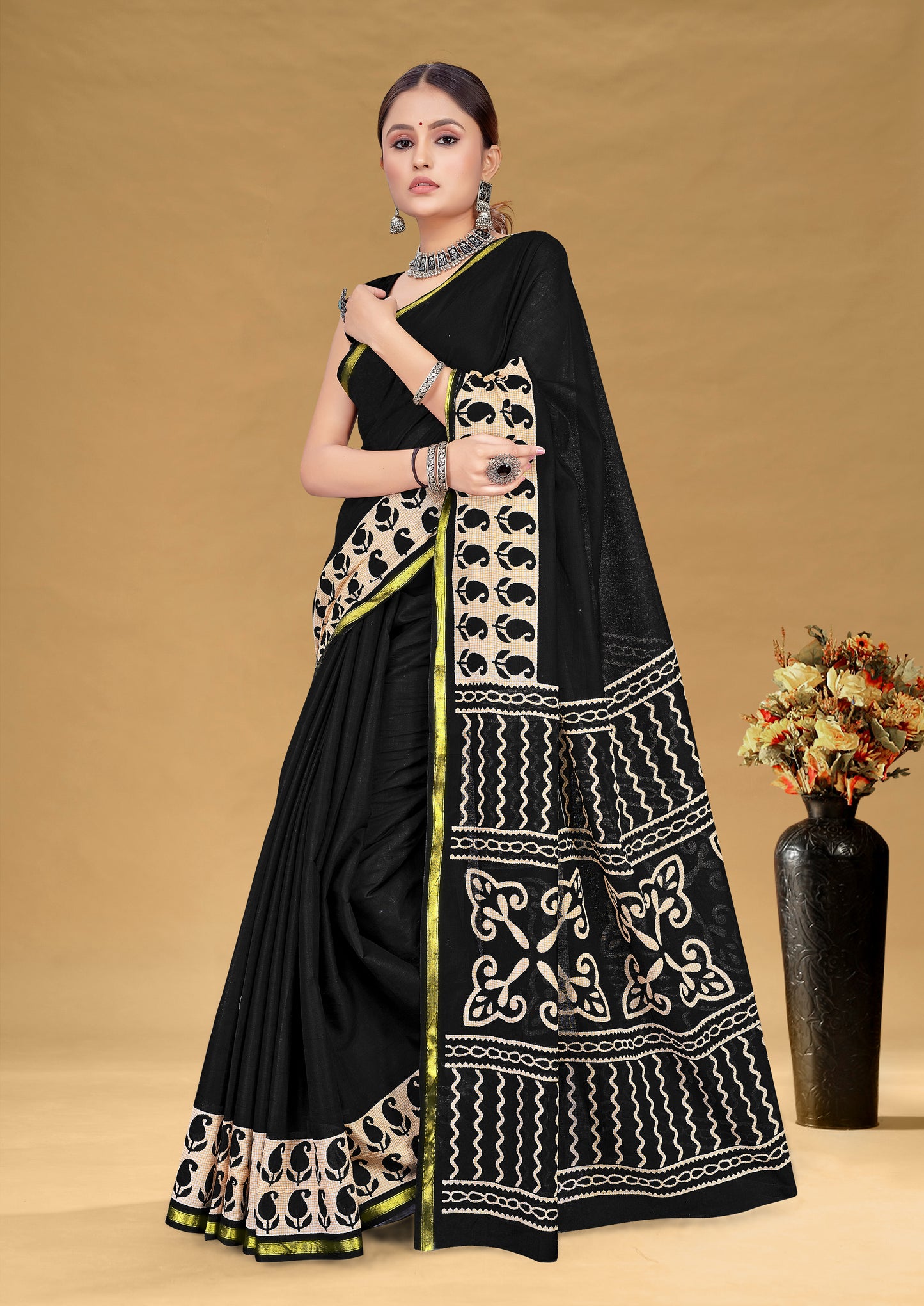 Black Cotton Mul Printed Saree