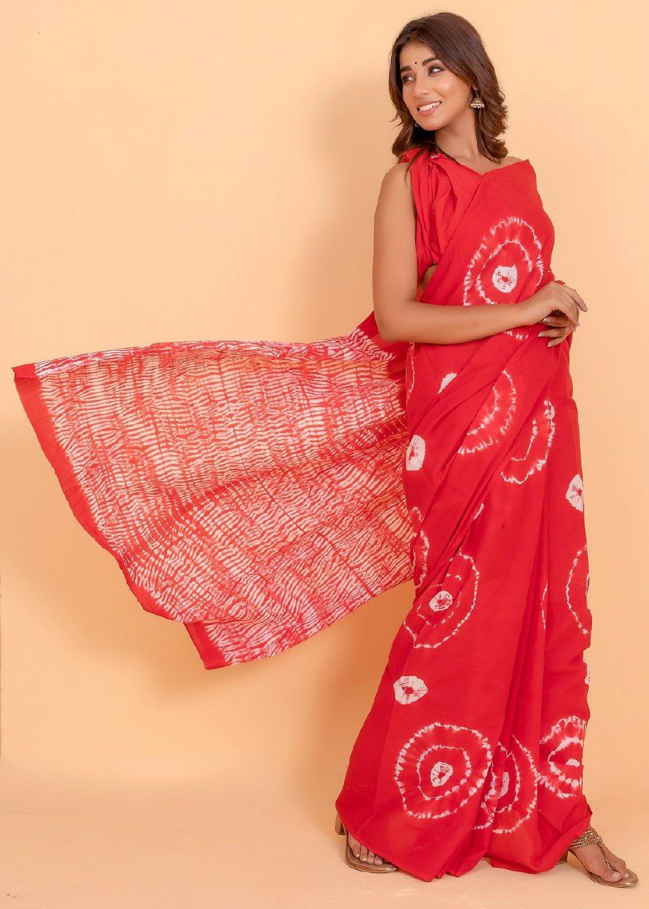 Red Cotton Mul Printed Saree