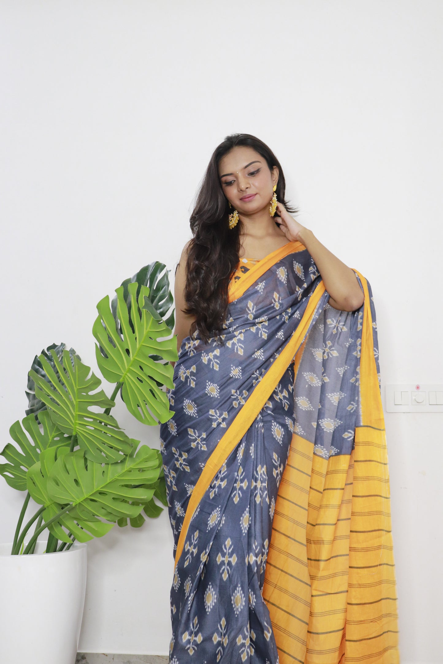 Grey-Mustard Cotton Printed Saree