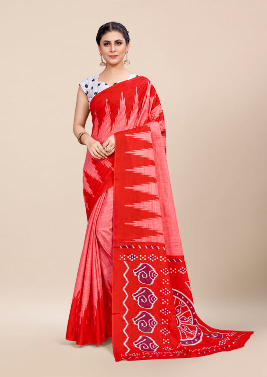 Cherry Red Cotton Mul Printed Saree