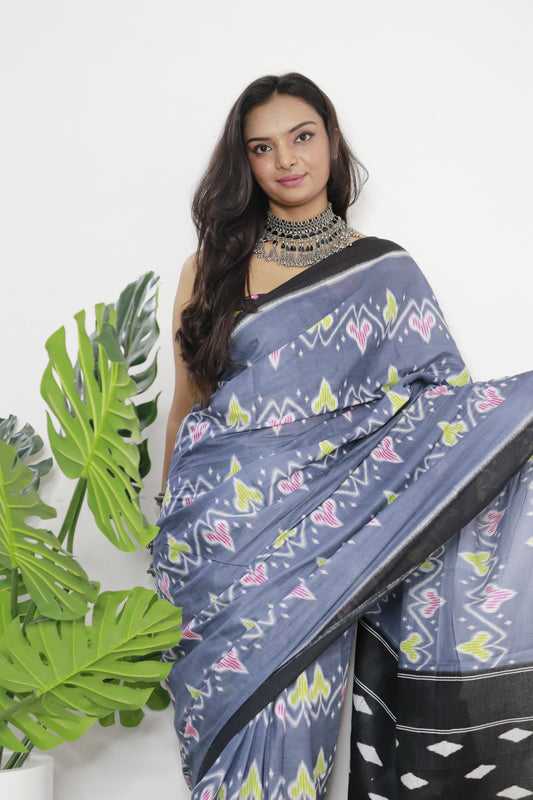 Black-Grey Cotton Printed Saree