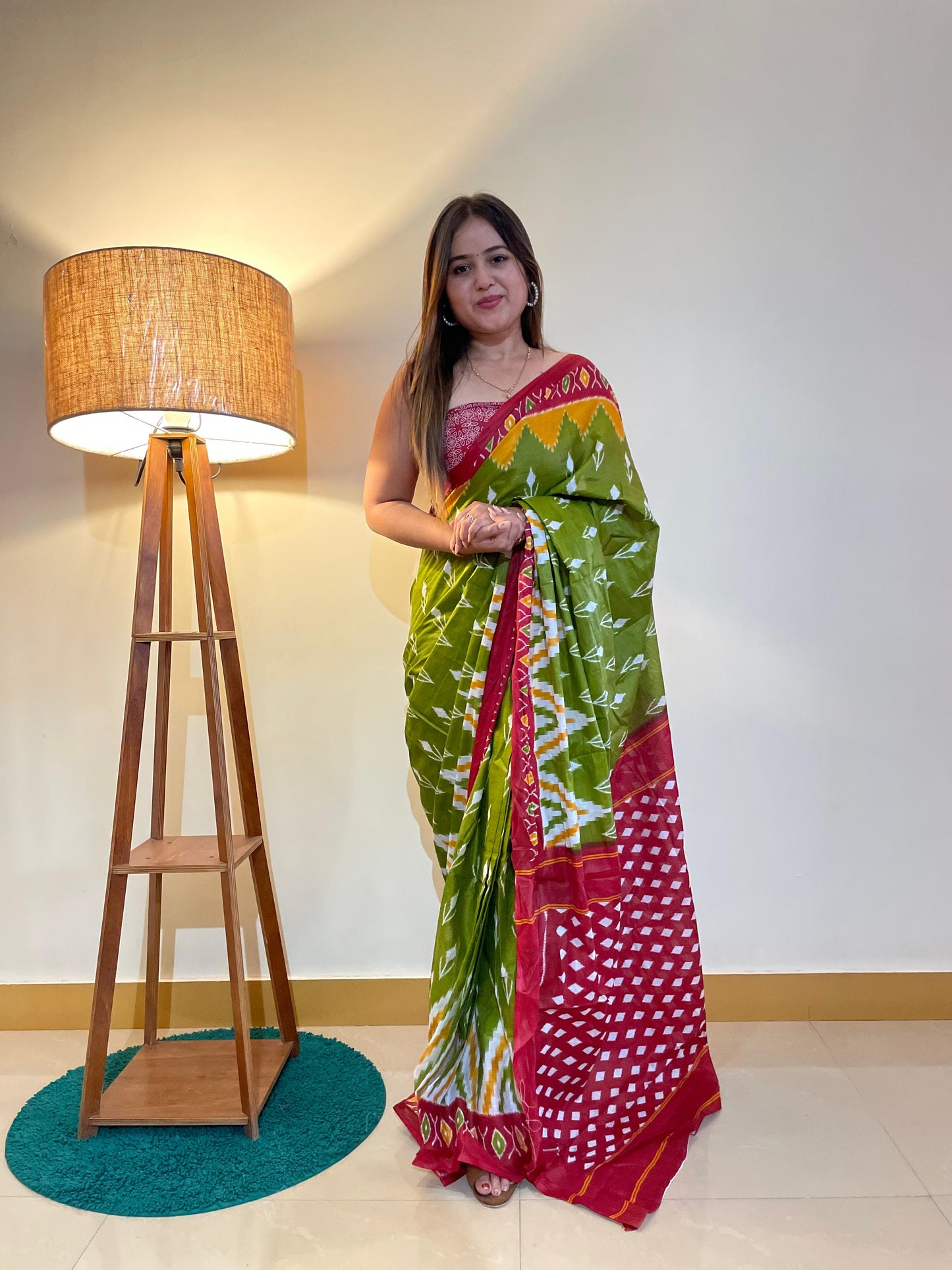 Green-Red Cotton Mul Printed Saree