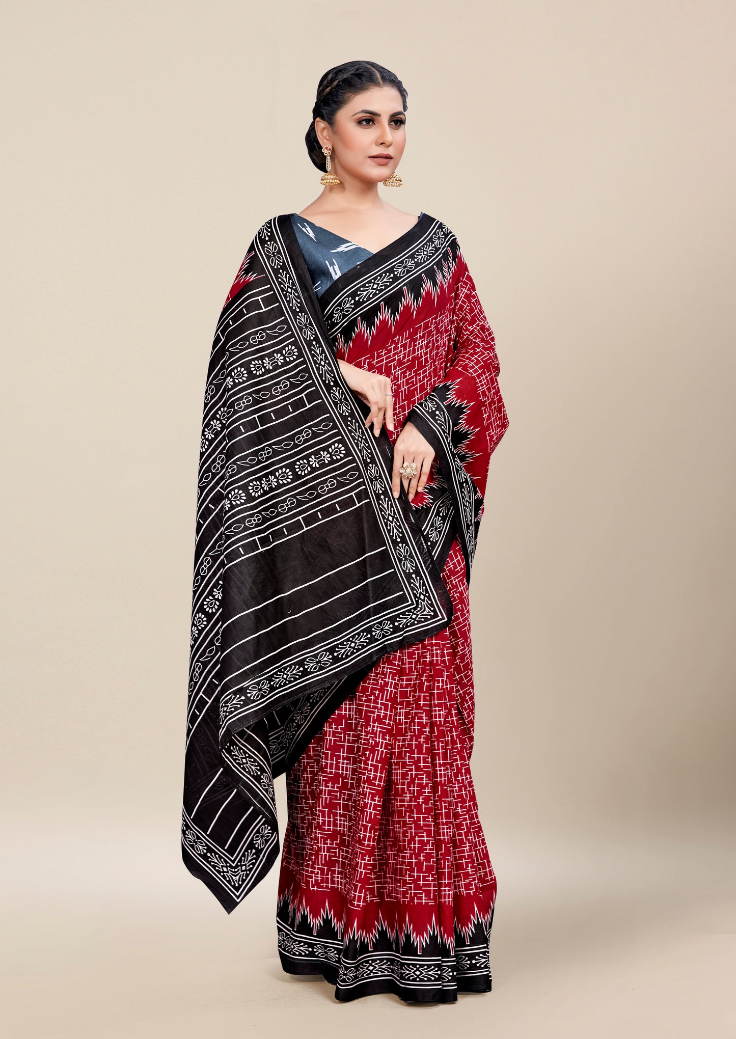 Red-Black Cotton Mul Printed Saree