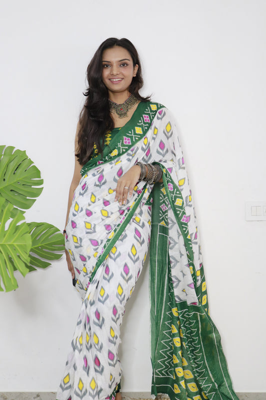 White-Green Cotton Printed Saree