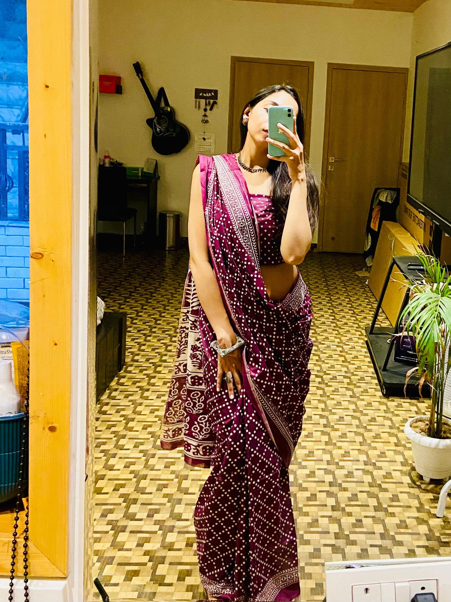 Wine Cotton Printed Saree