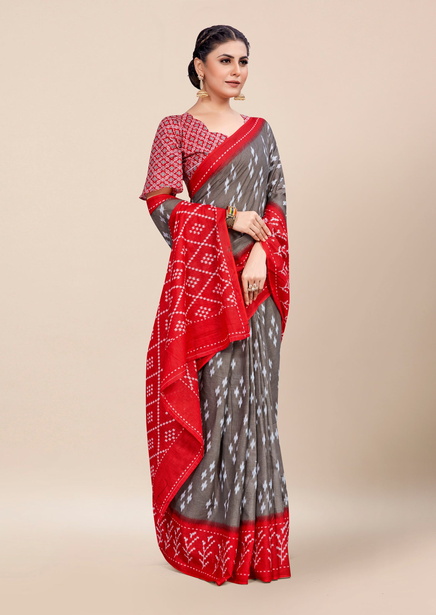 Red-Grey Cotton Mul Printed Saree