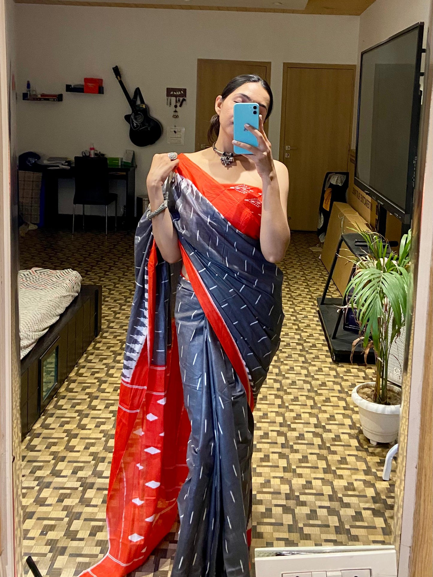 Dark Grey Cotton Printed Saree