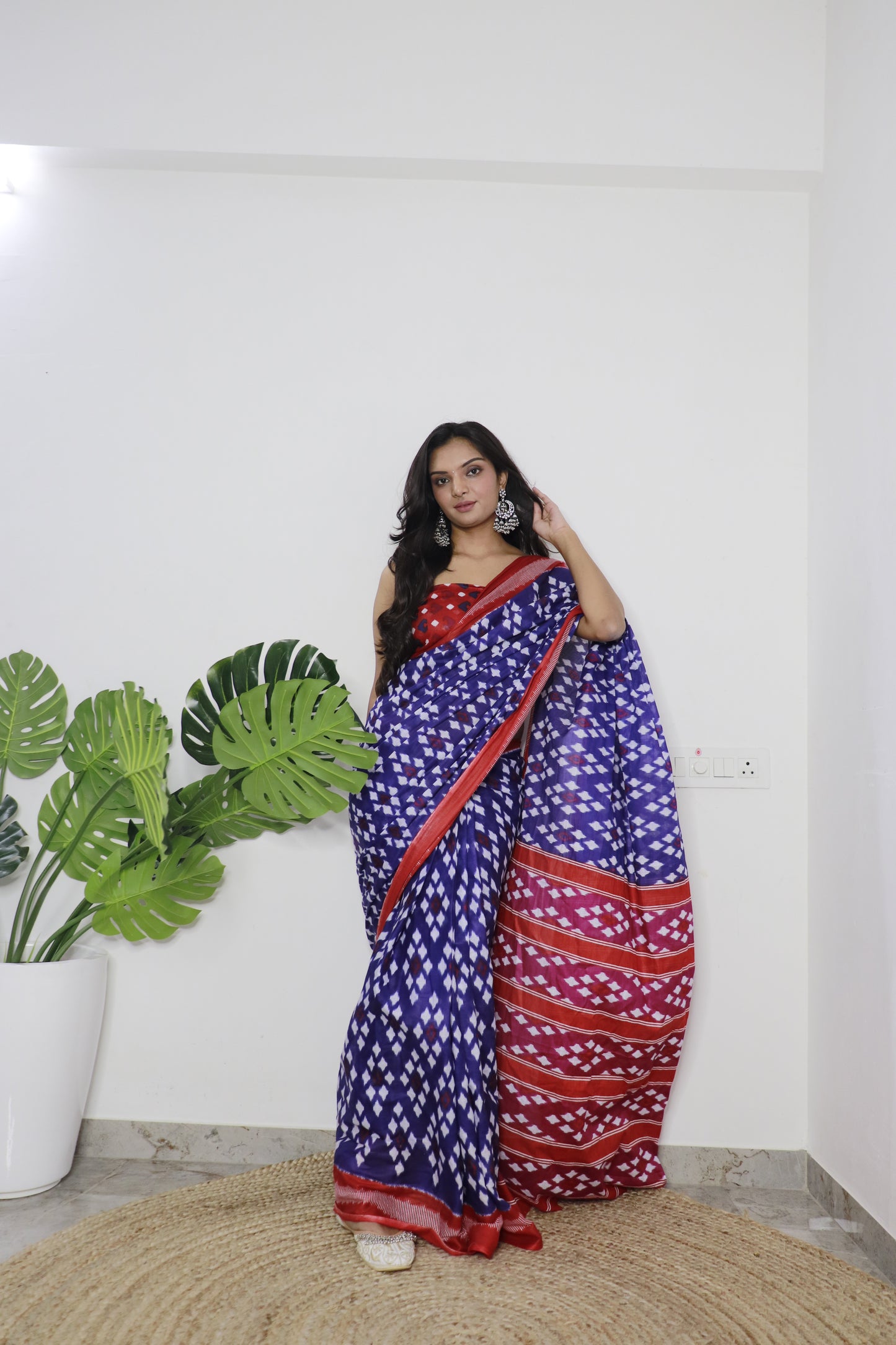 Blue-Red Cotton Printed Saree