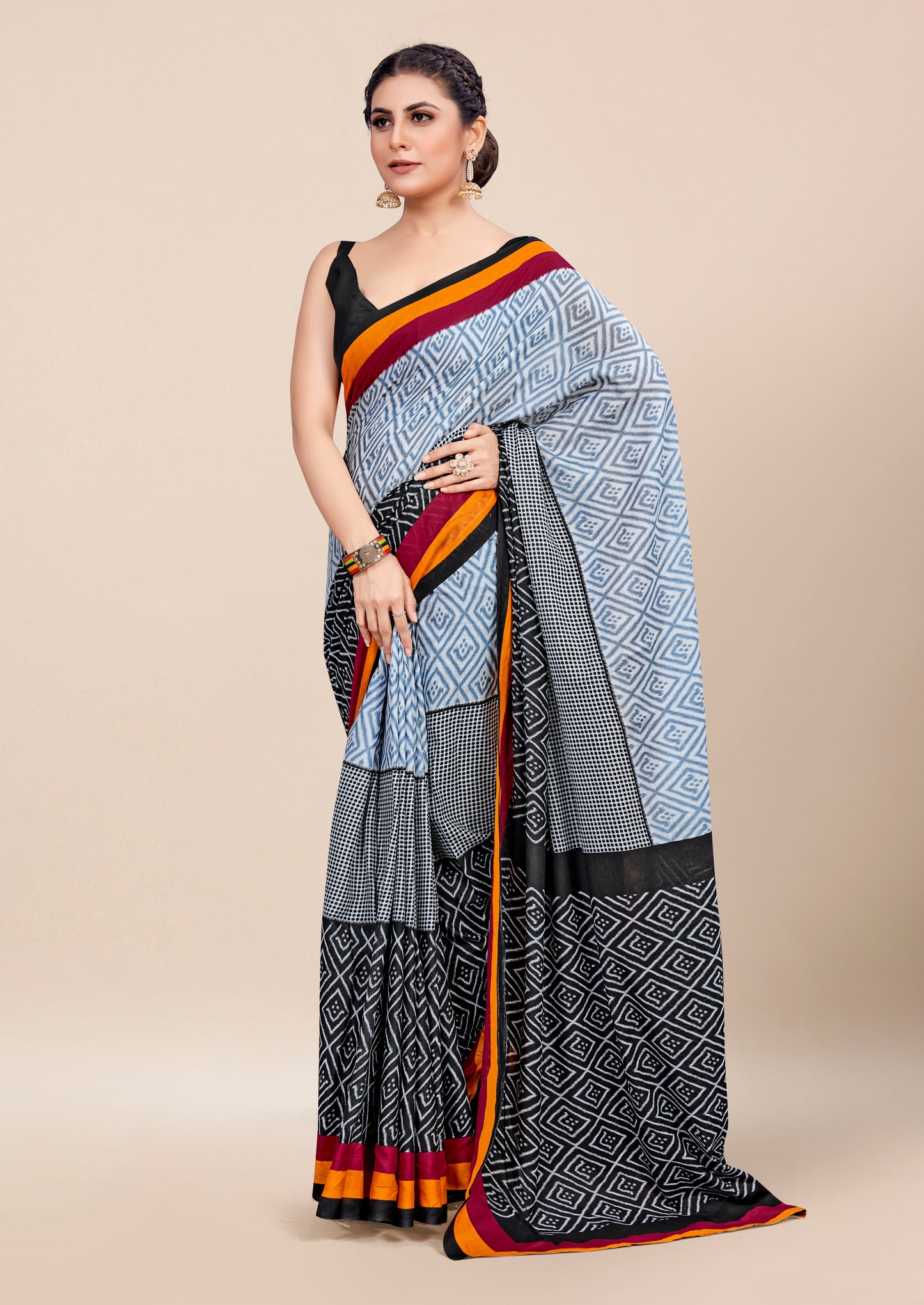 Black-Grey Cotton Mul Printed Saree