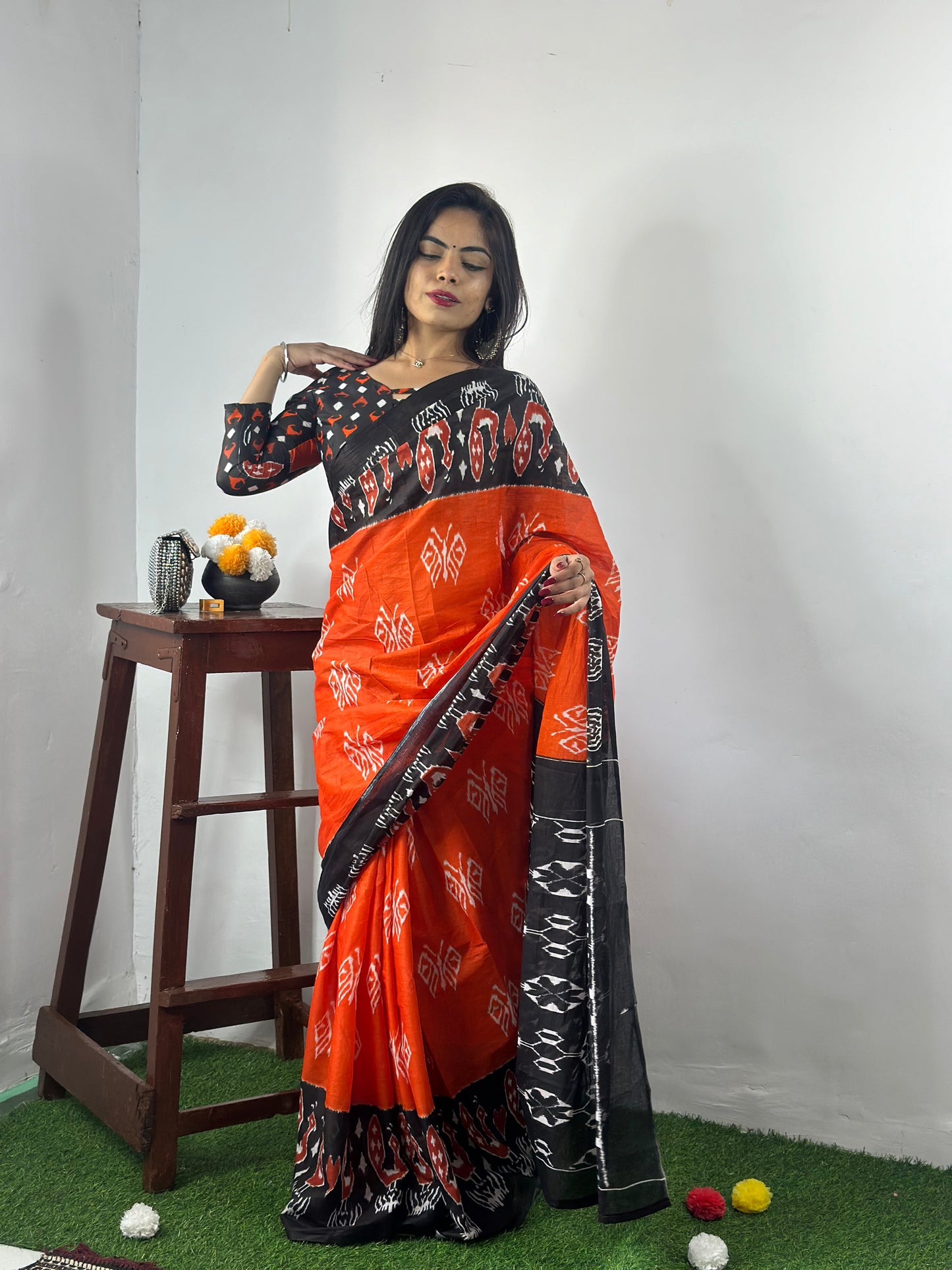 Black-Orange Cotton Mul Printed Saree