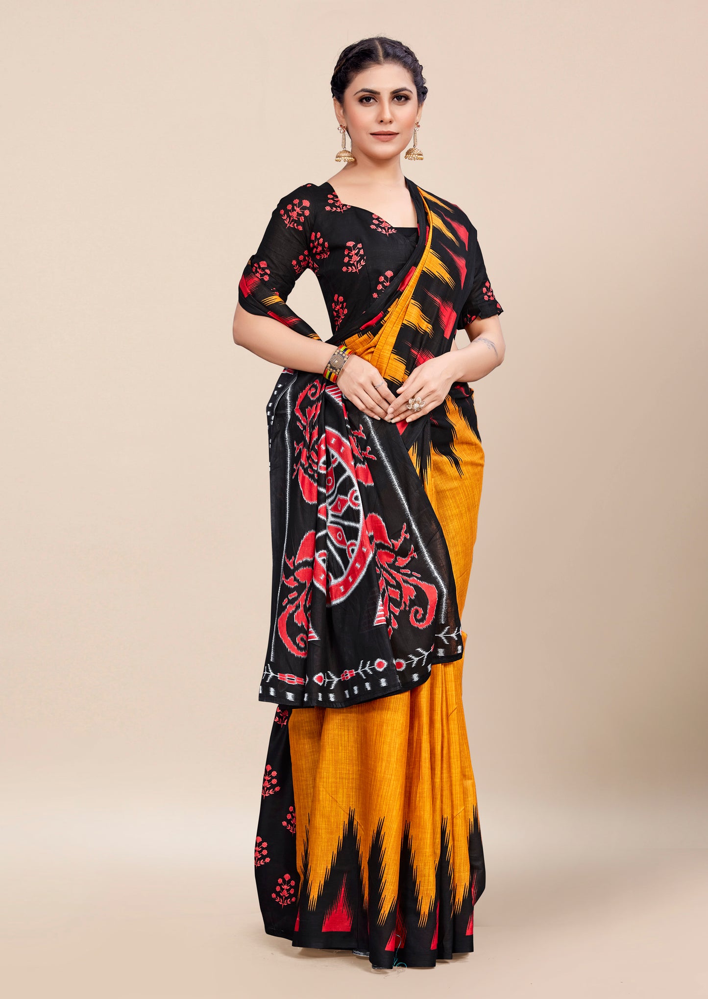 Black-Mustard Cotton Mul Printed Saree