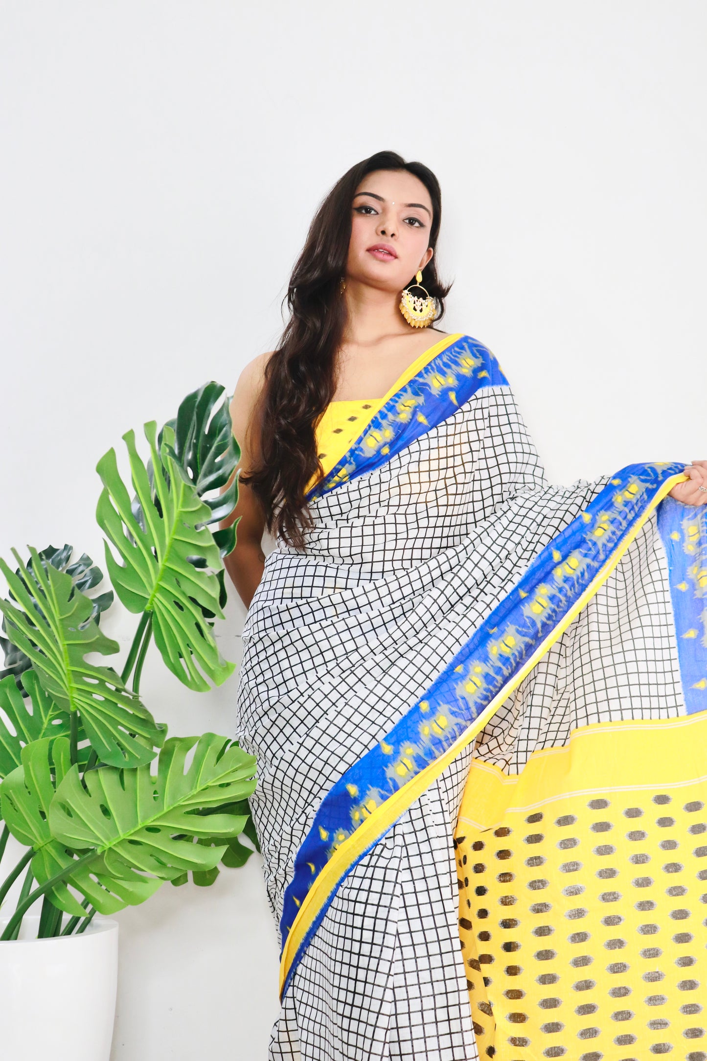 Yellow-White Cotton Printed Saree