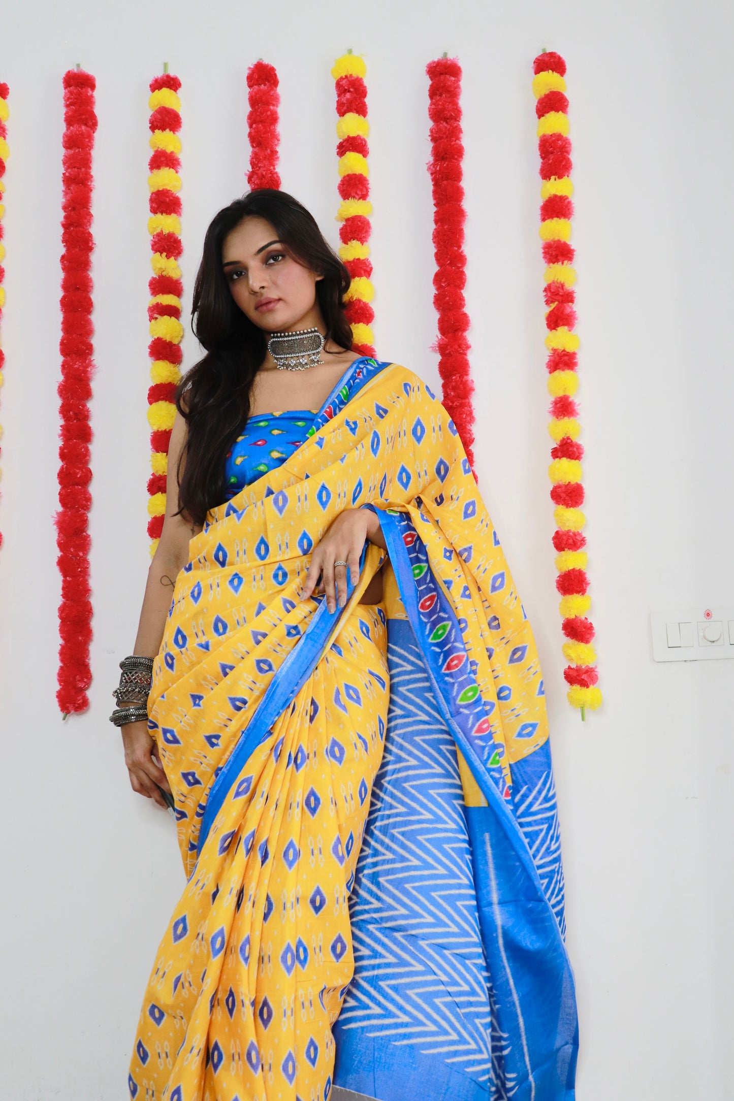 Yellow-Sky Cotton Mul Printed Saree