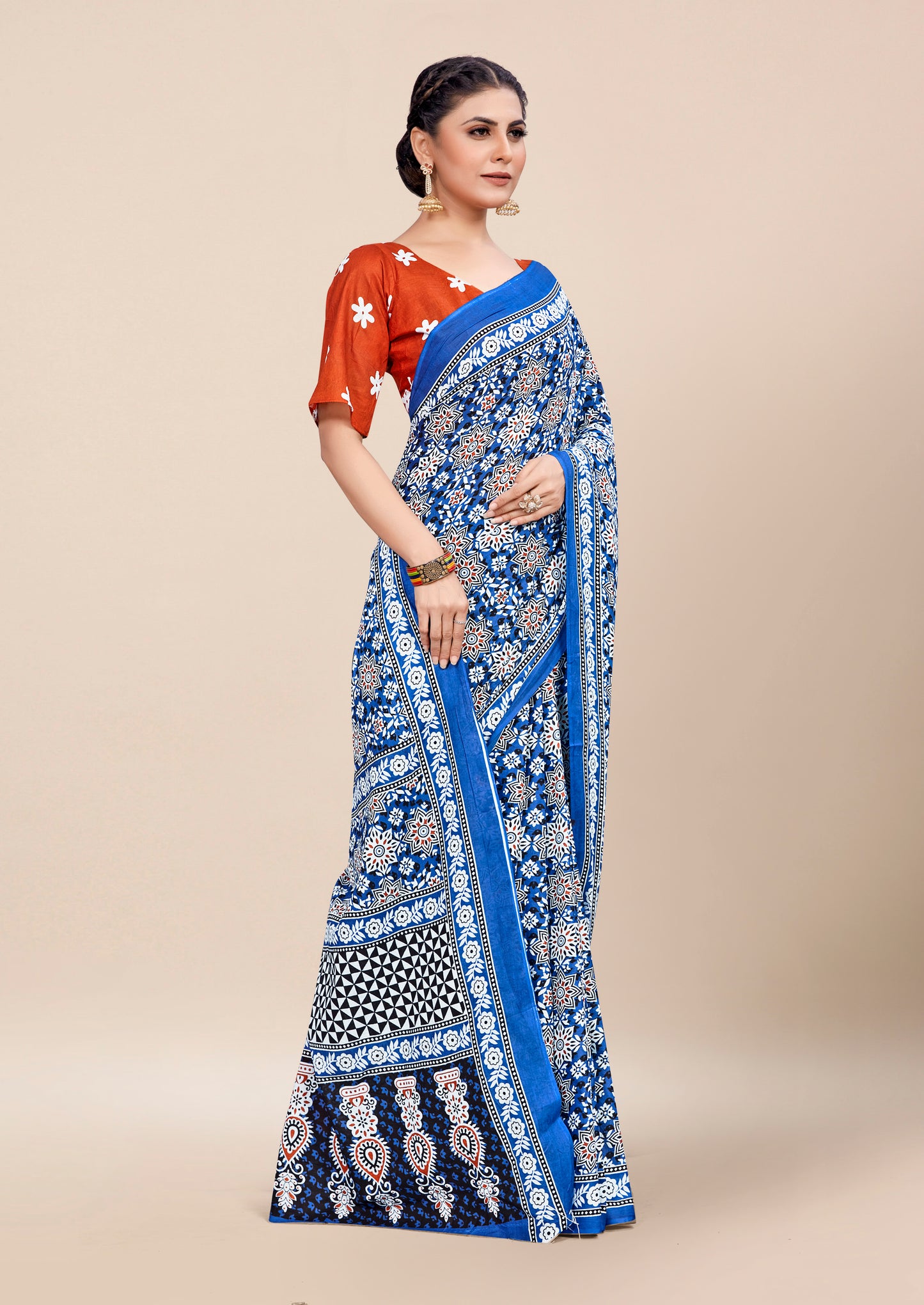 Designer Blue Cotton Mul Printed Saree