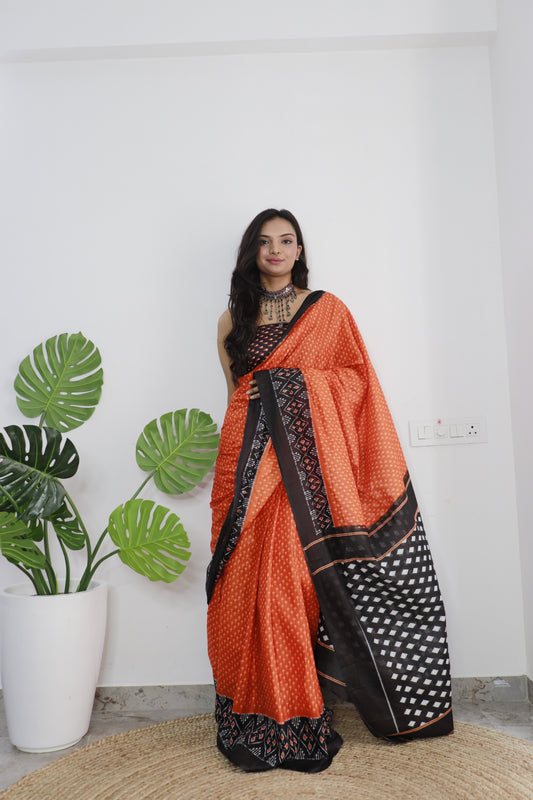 Orange-Black Cotton Printed Saree