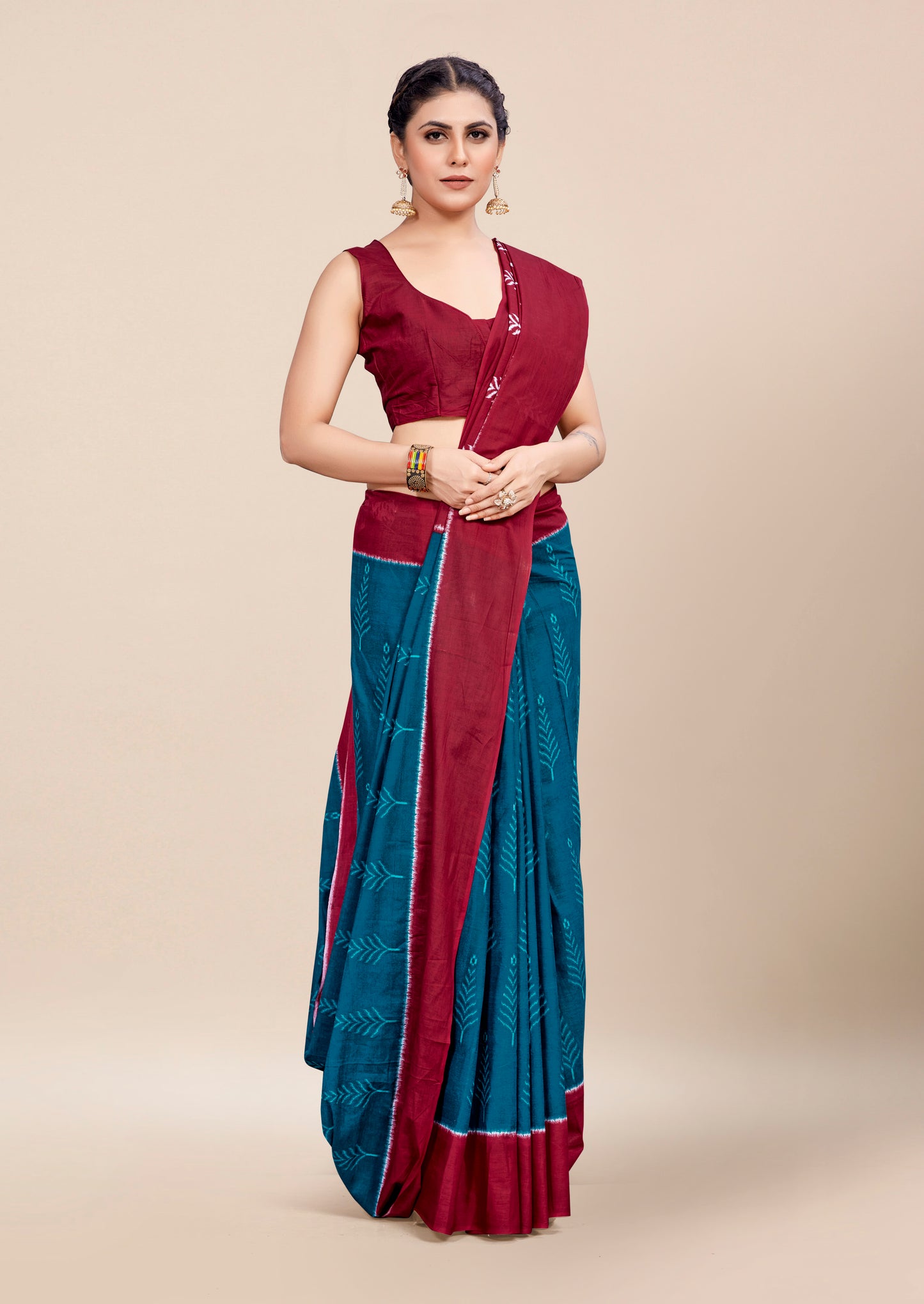 Maroon-Teal Blue Cotton Mul Printed Saree