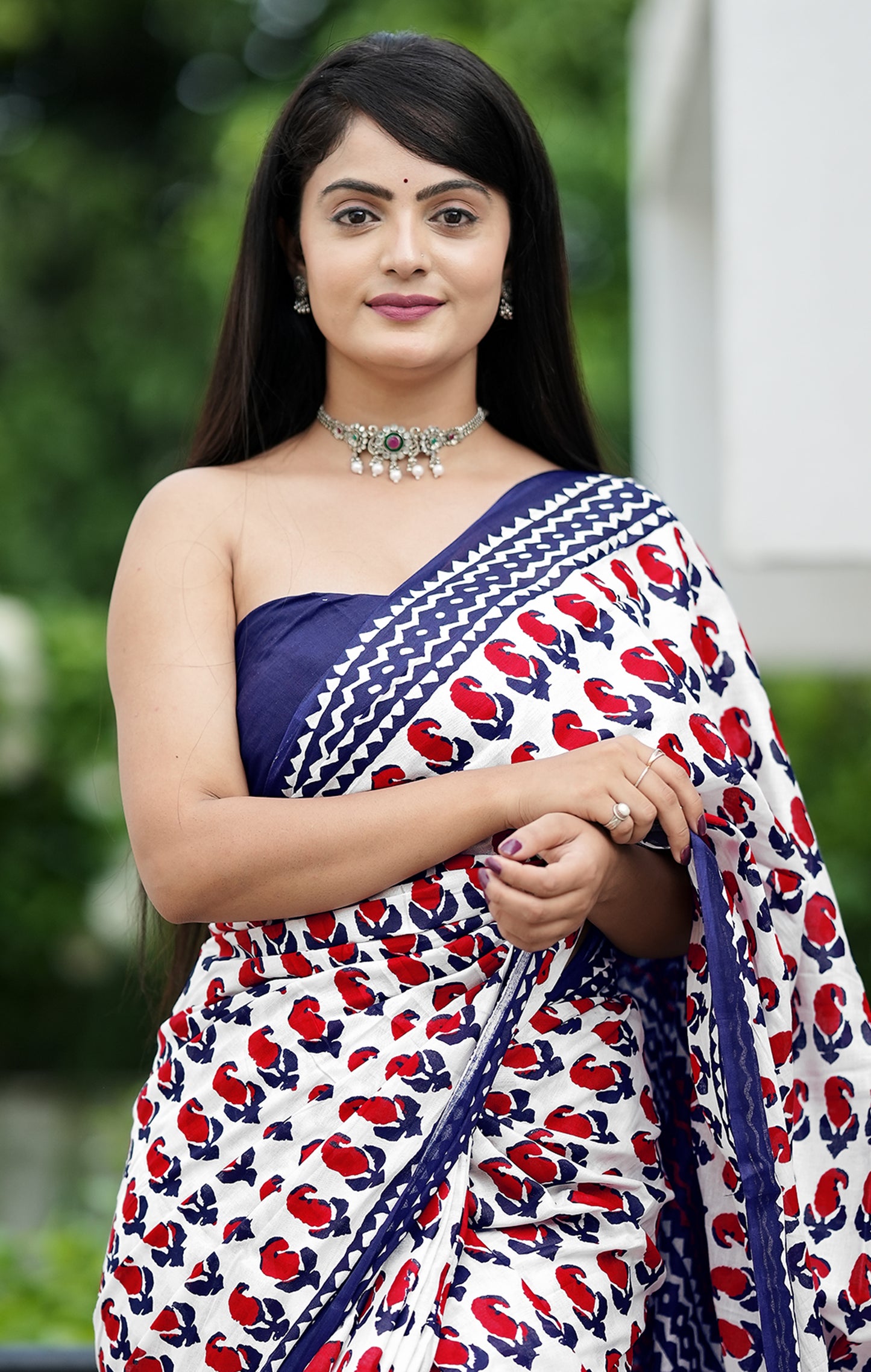 White-Blue Cotton Mul Printed Saree