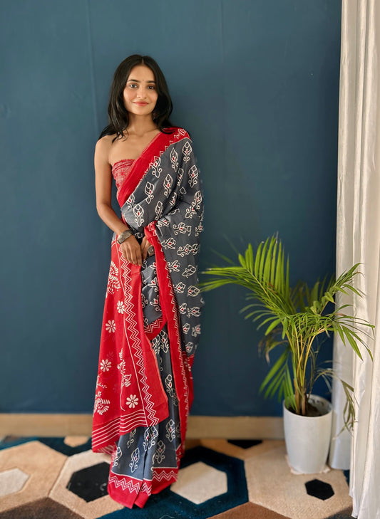 Red-Grey Cotton Mul Printed Saree