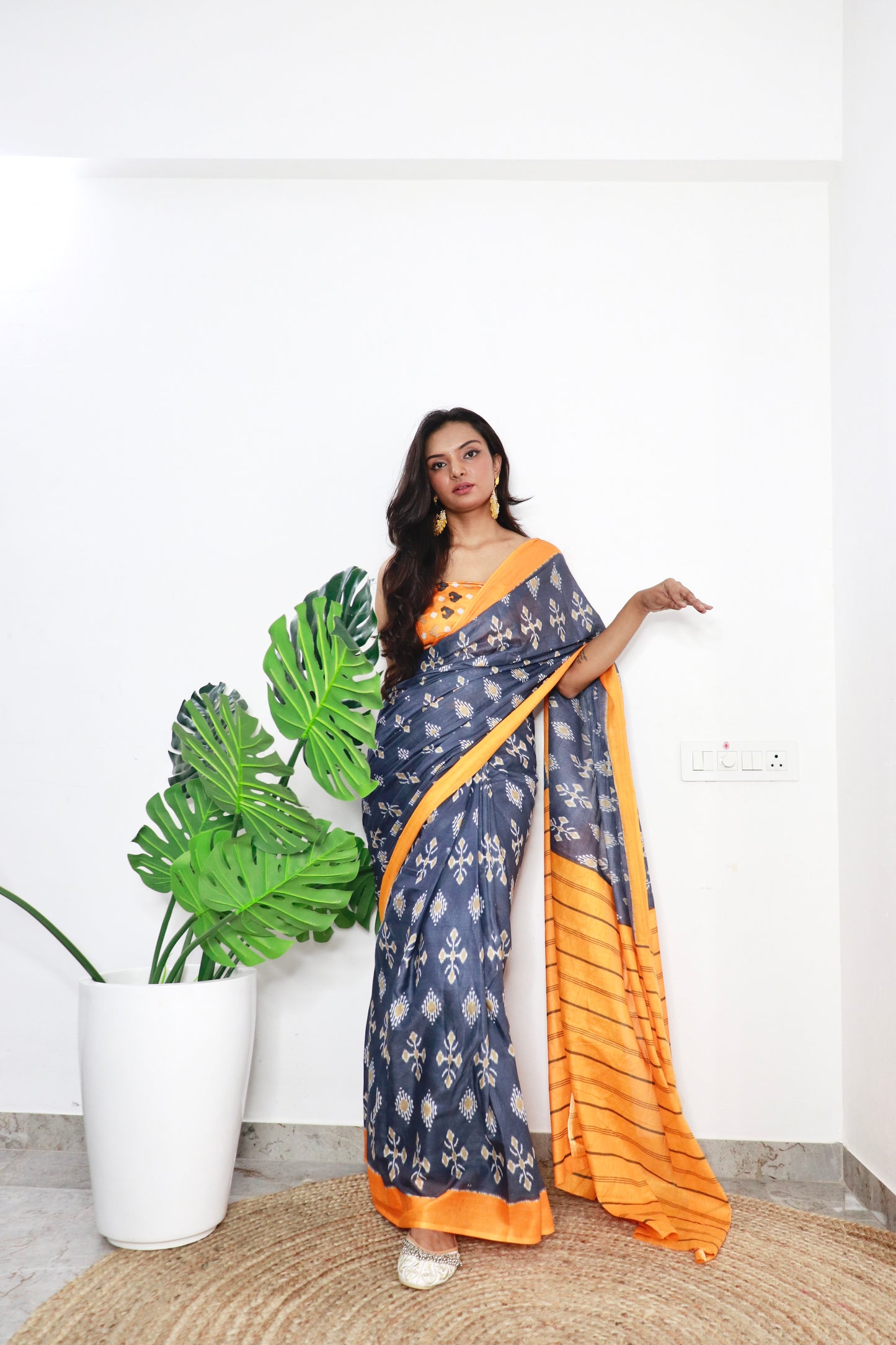 Grey-Mustard Cotton Printed Saree