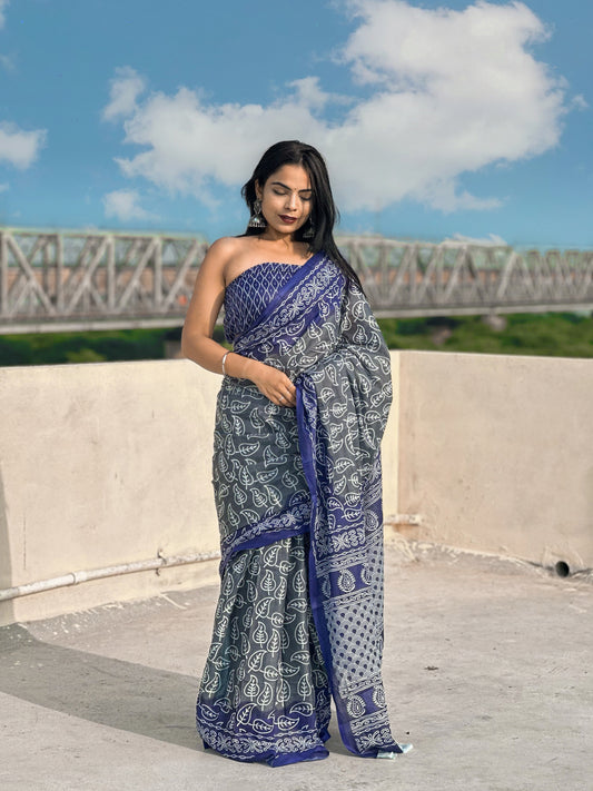 Blue-Grey Cotton Mul Printed Saree