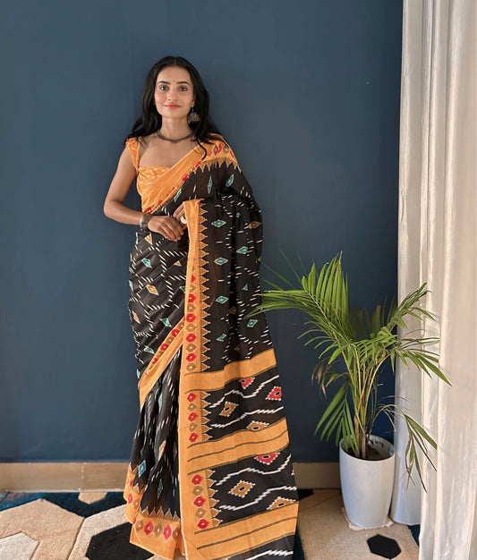 Black-Orange Cotton Mul Printed Saree