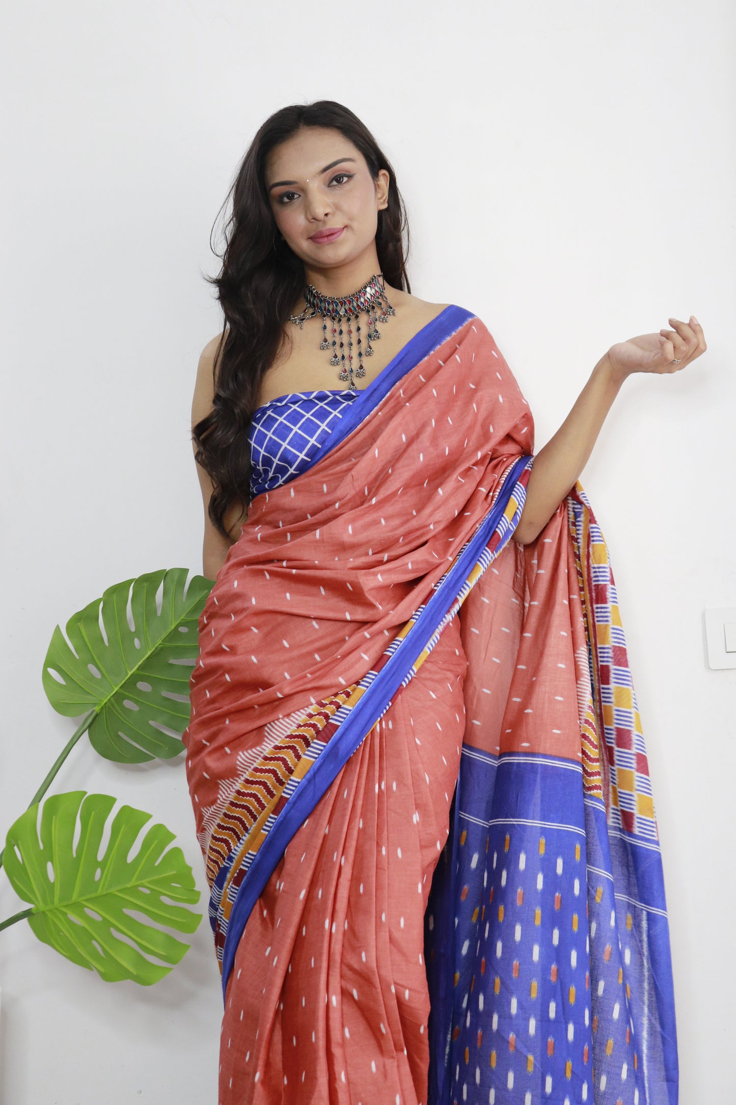 Peach-Blue Cotton Printed Saree