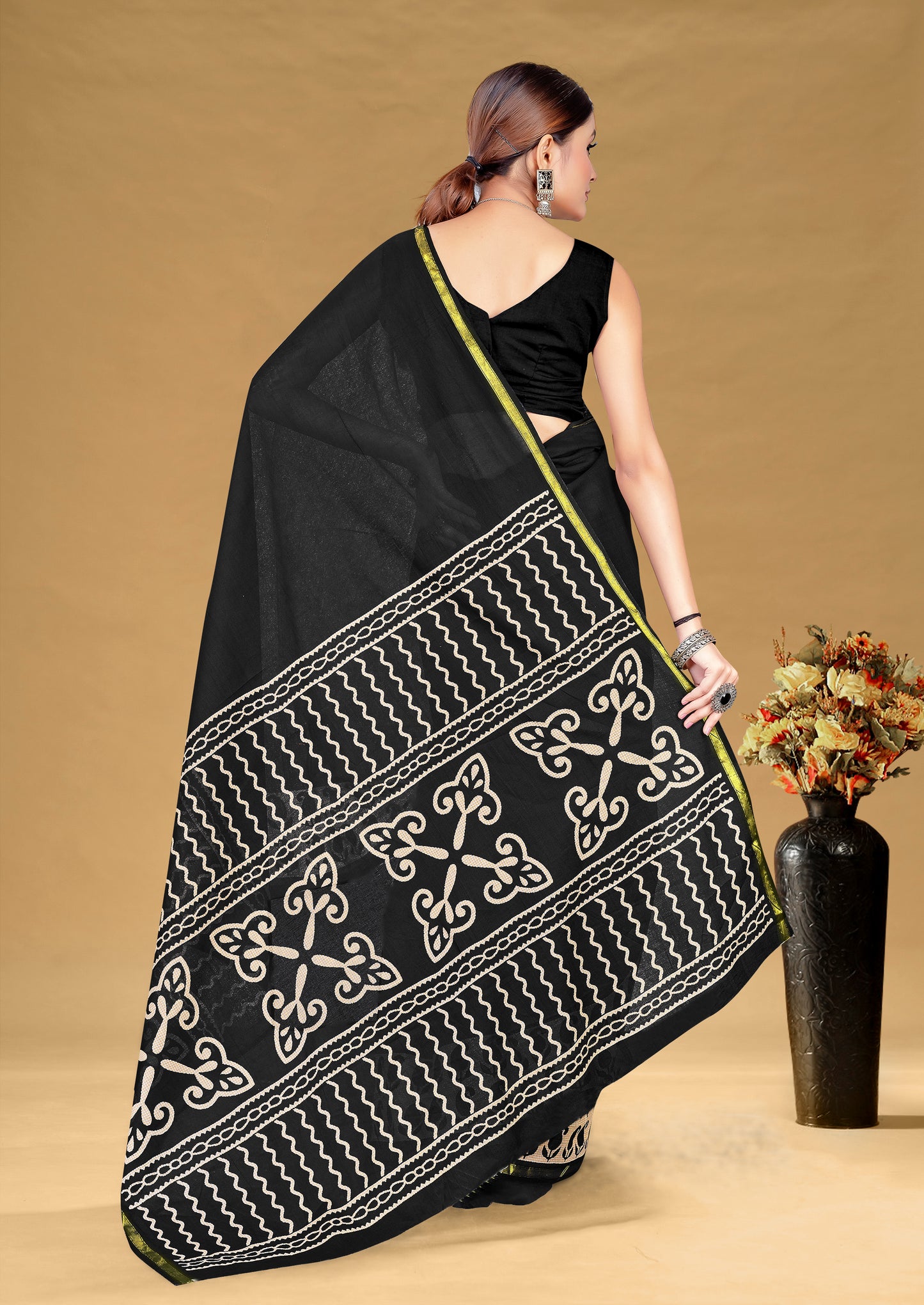 Black Cotton Mul Printed Saree