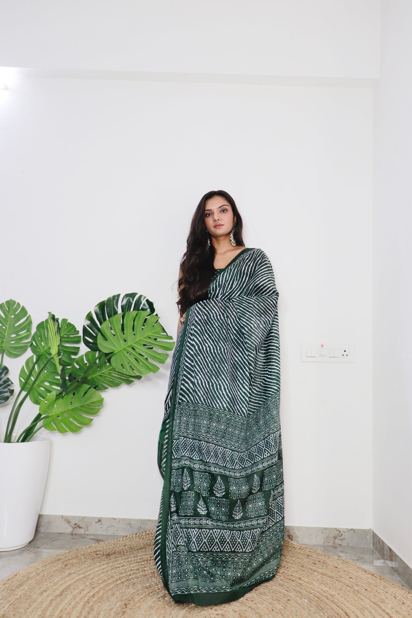 Dark Green Cotton Printed Saree