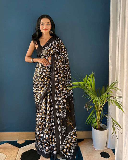 Graceful Black Cotton Mul Printed Saree