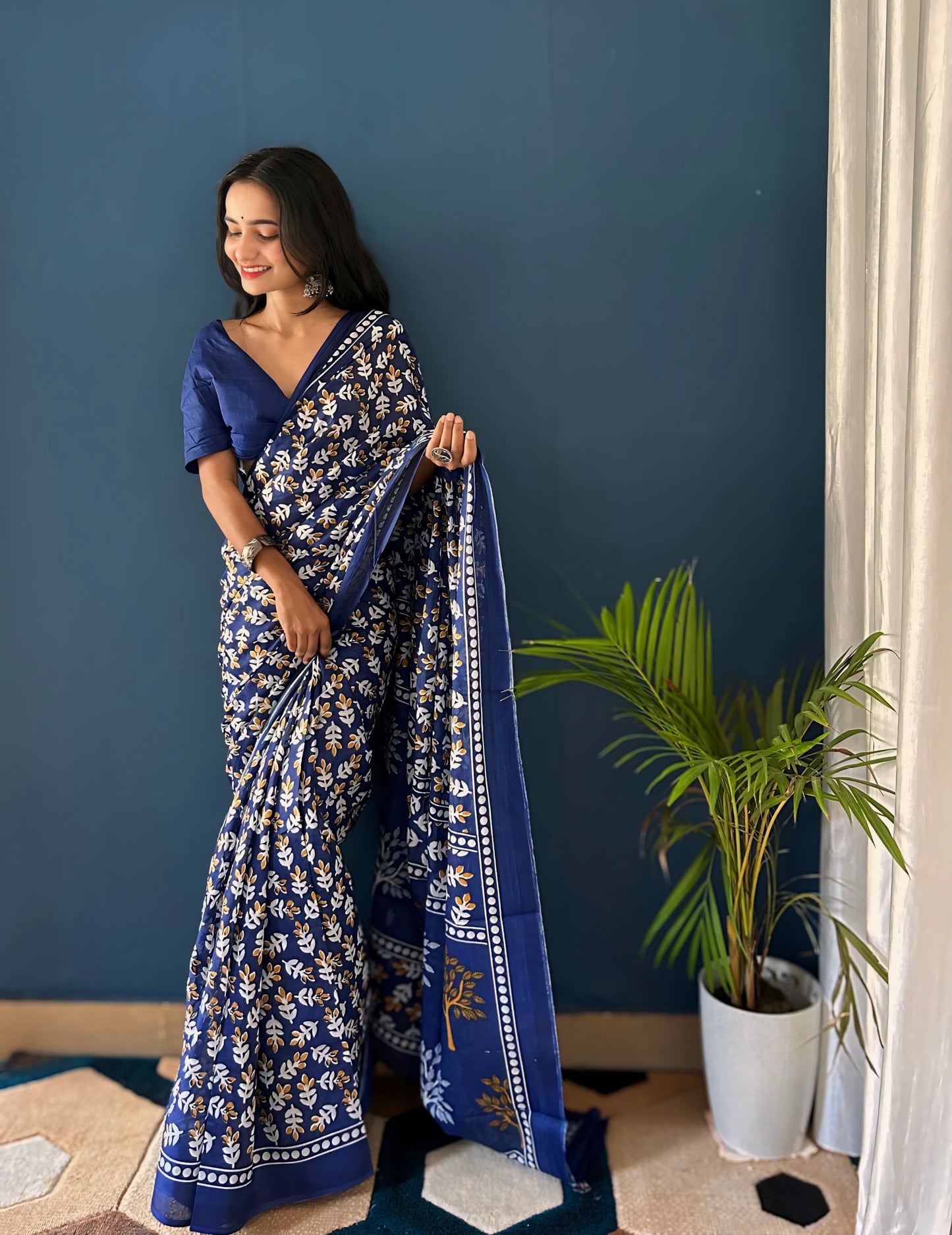 Blue Cotton Mul Printed Saree