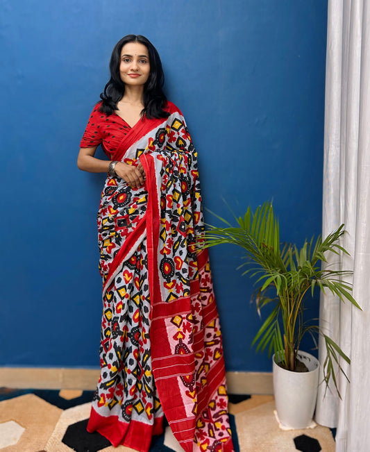 Elegent Red Cotton Mul Printed Saree