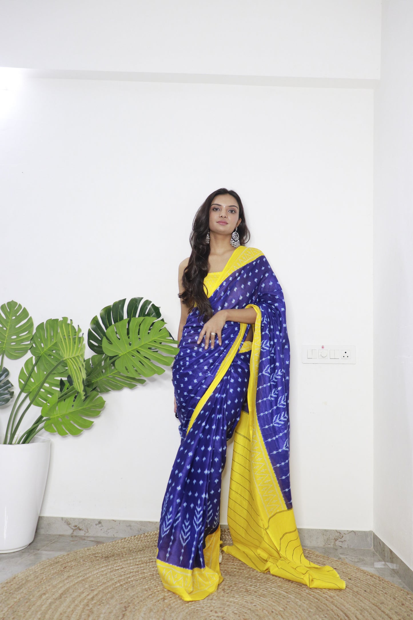 Blue-Yellow Cotton Printed Saree