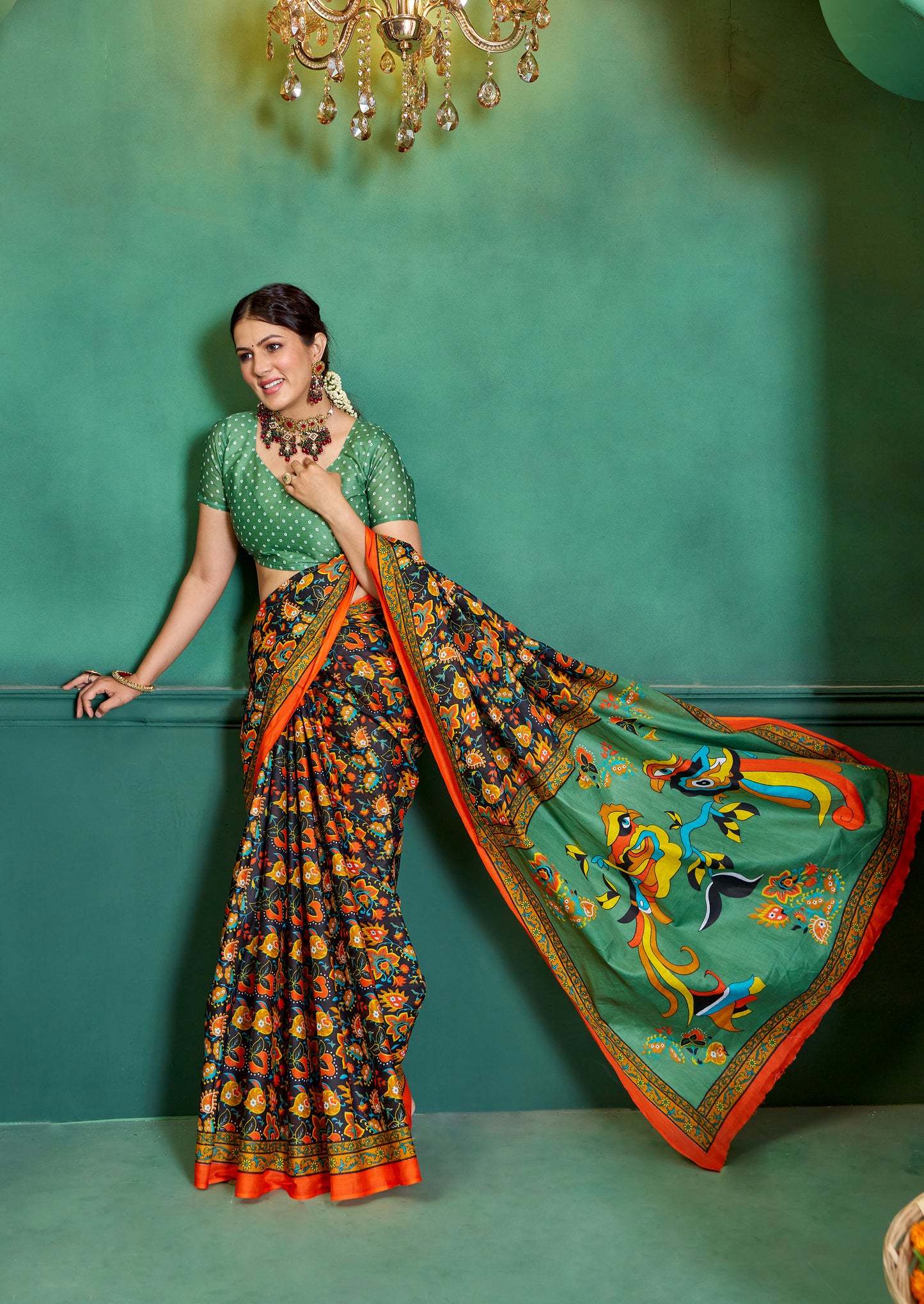 Black-Green Cotton Mul Printed Saree