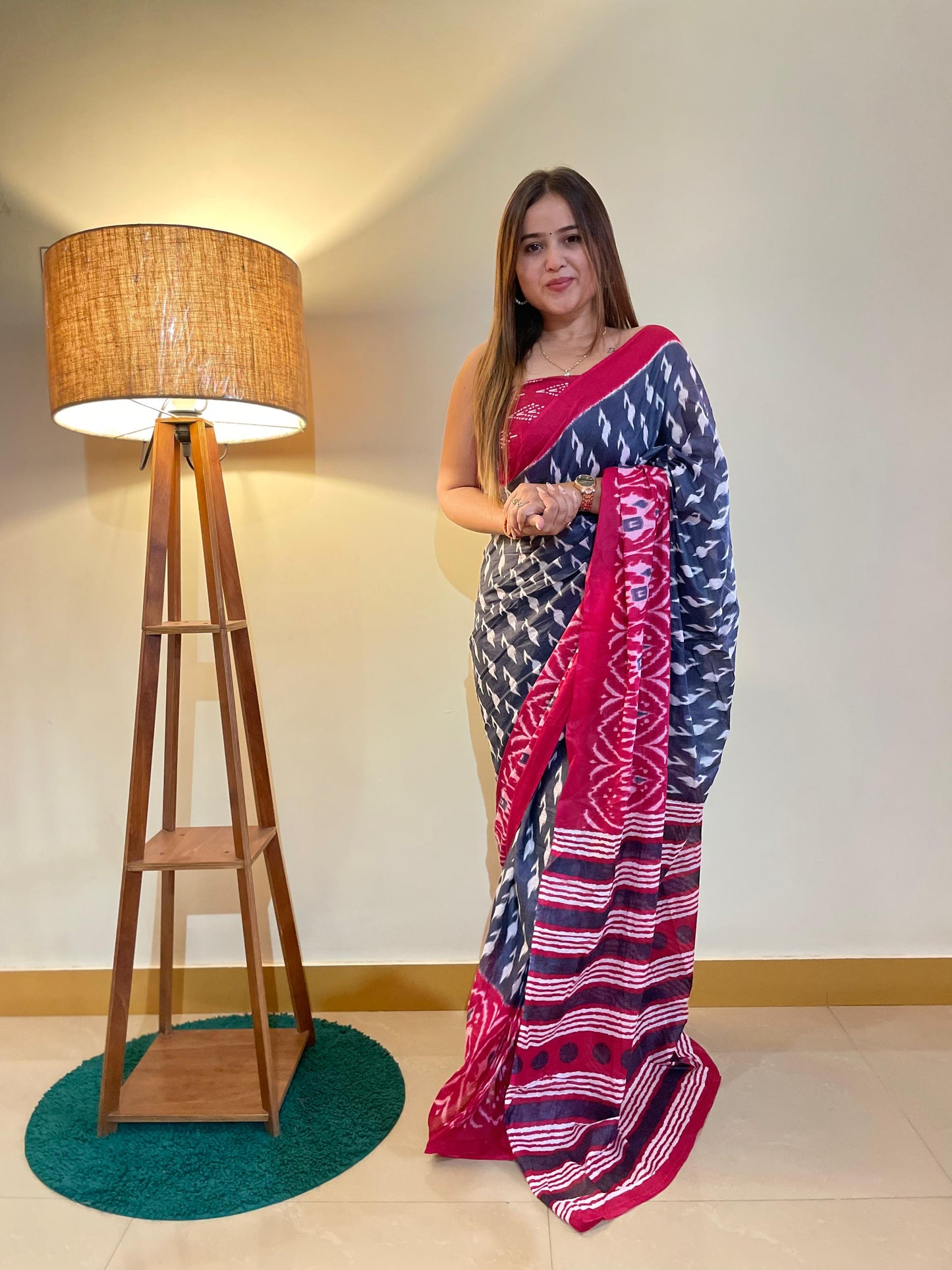 Pink-Grey Cotton Mul Printed Saree