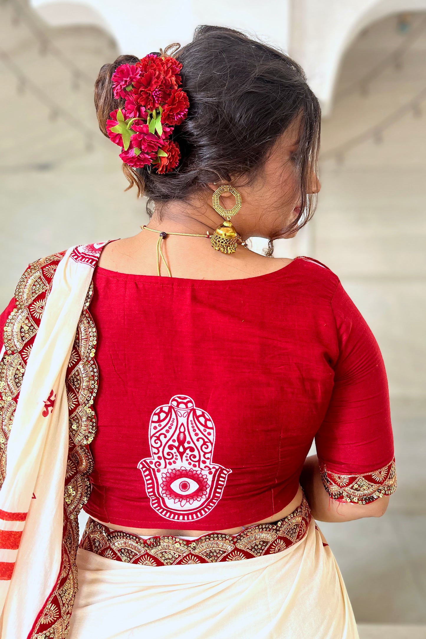 White-Red Cotton Mul Printed Saree