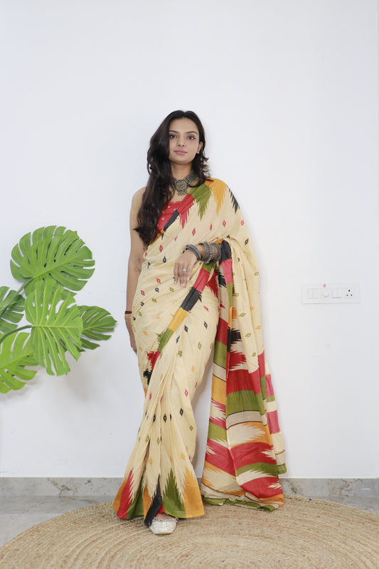 Cream Cotton Printed Saree