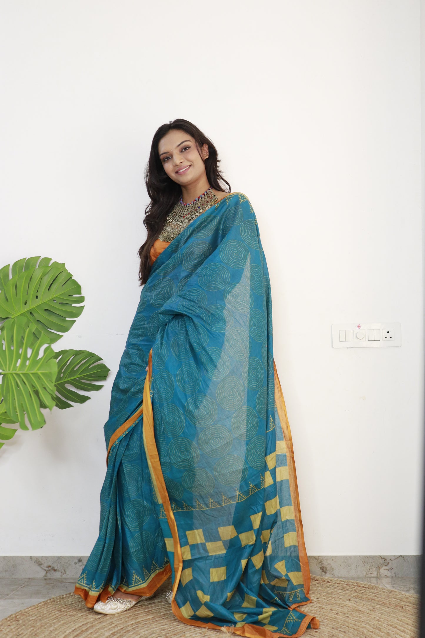 Teal Blue Cotton Printed Saree