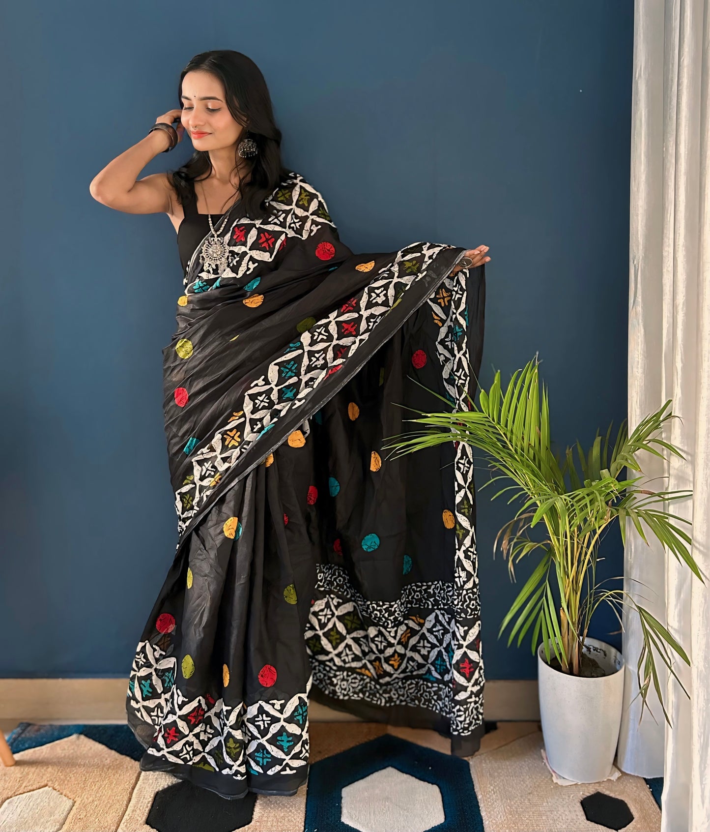 Traditional Black Cotton Mul Printed Saree