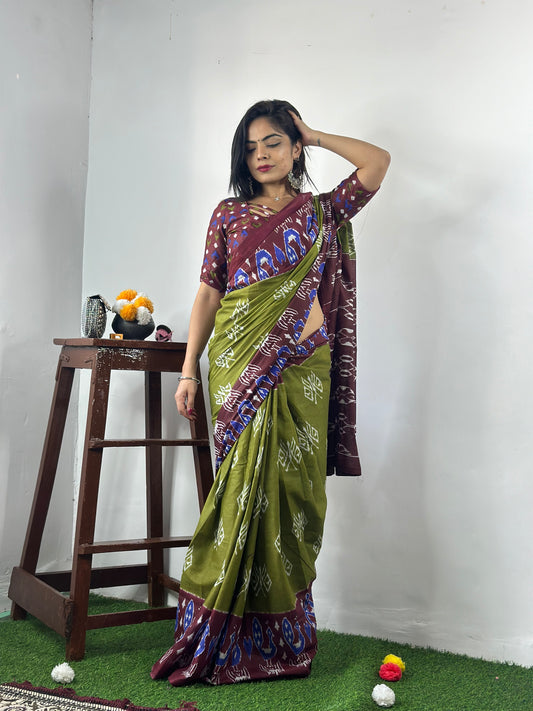 Green-Coffee Cotton Mul Printed Saree