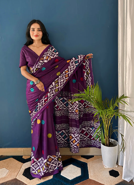 Wine Cotton Mul Printed Saree