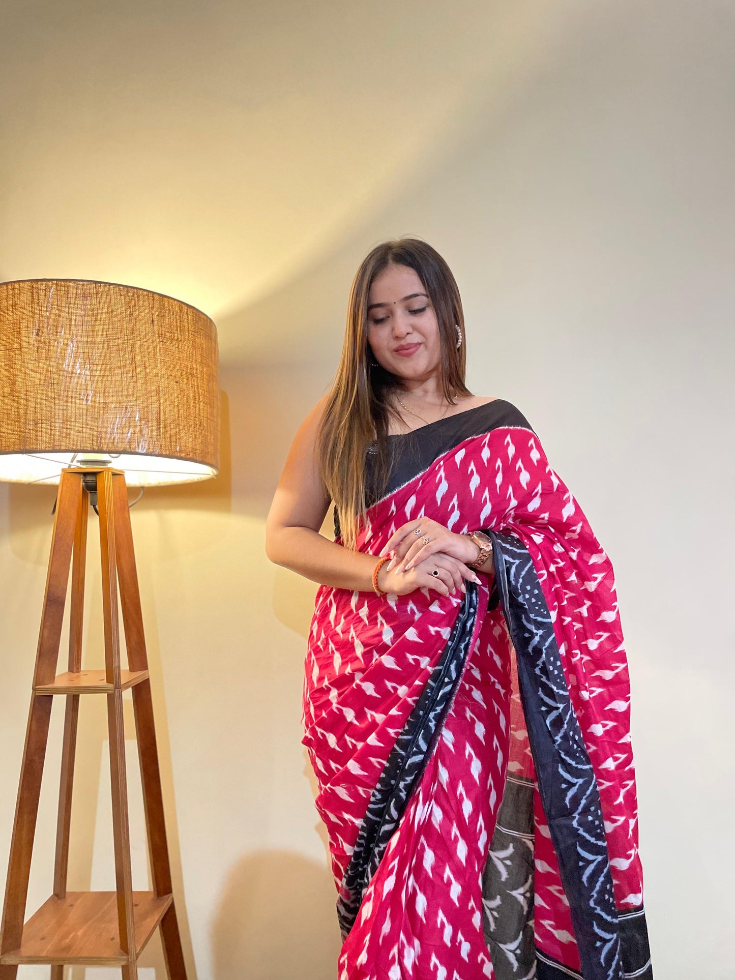 Pink-Black Cotton Mul Printed Saree