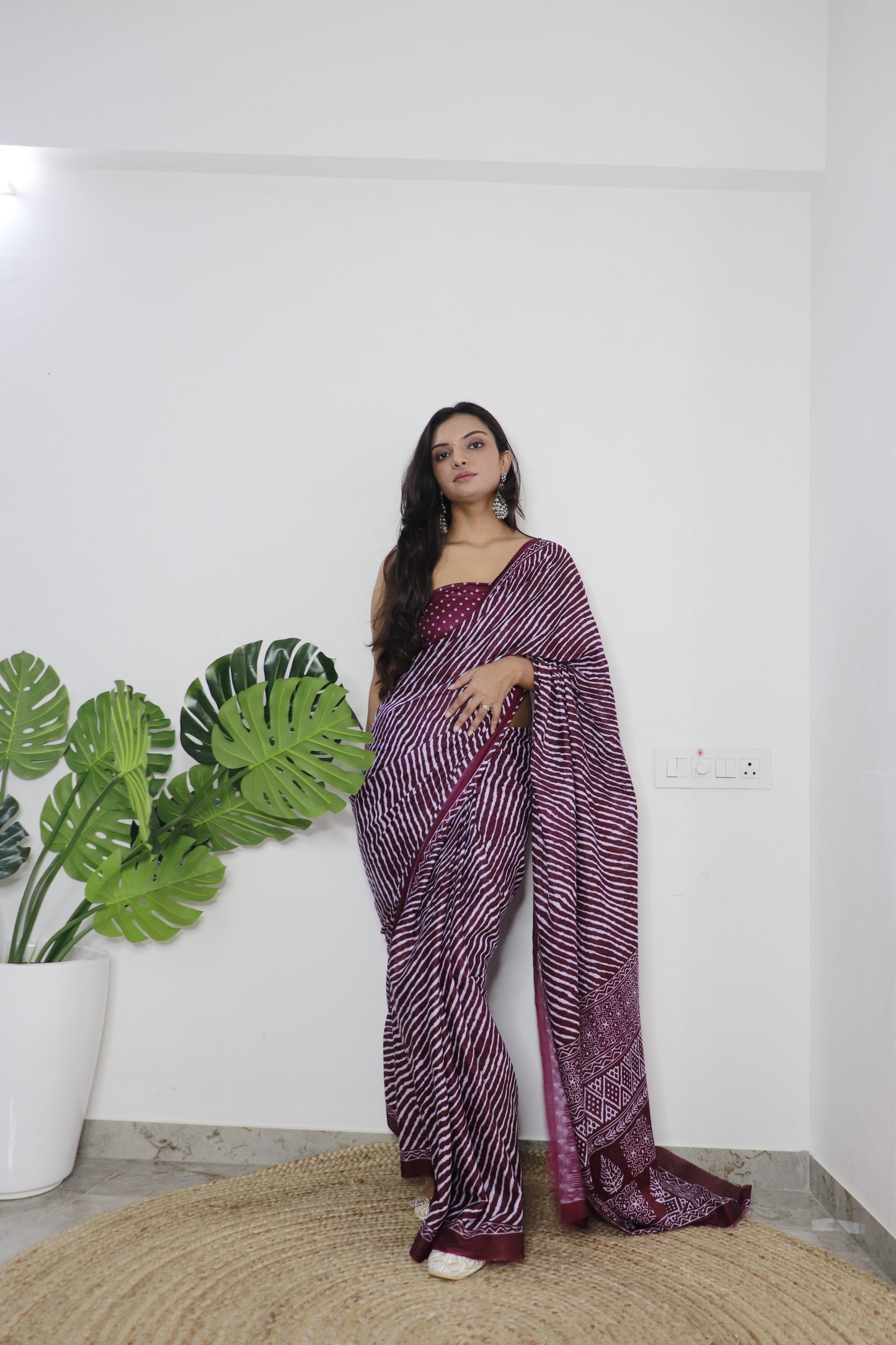 Wine Cotton Printed Saree