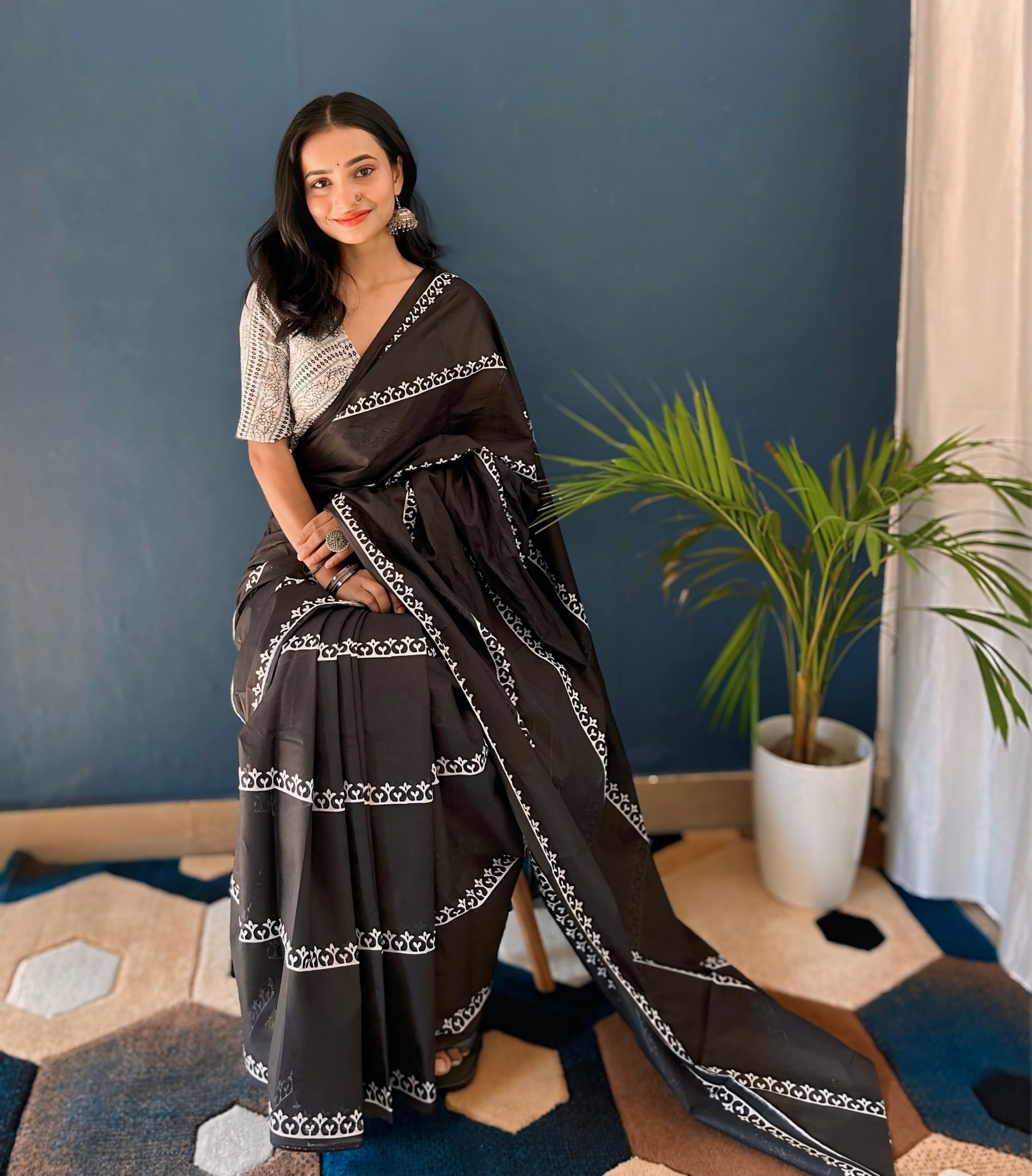 Ossam Black Cotton Mul Printed Saree