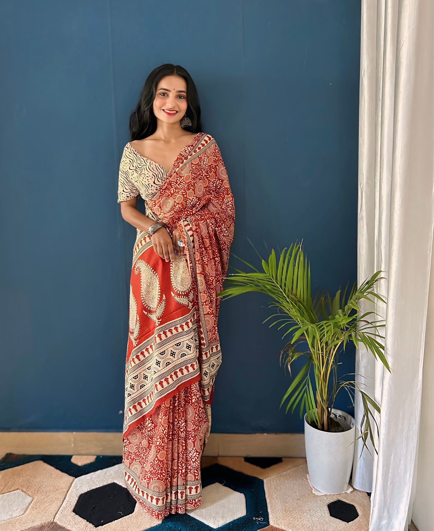 Red Cotton Mul Printed Saree