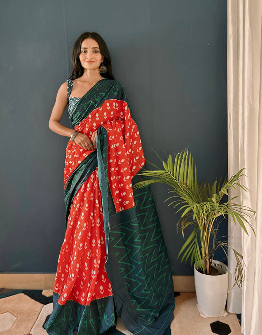 Red Cotton Mul Printed Saree