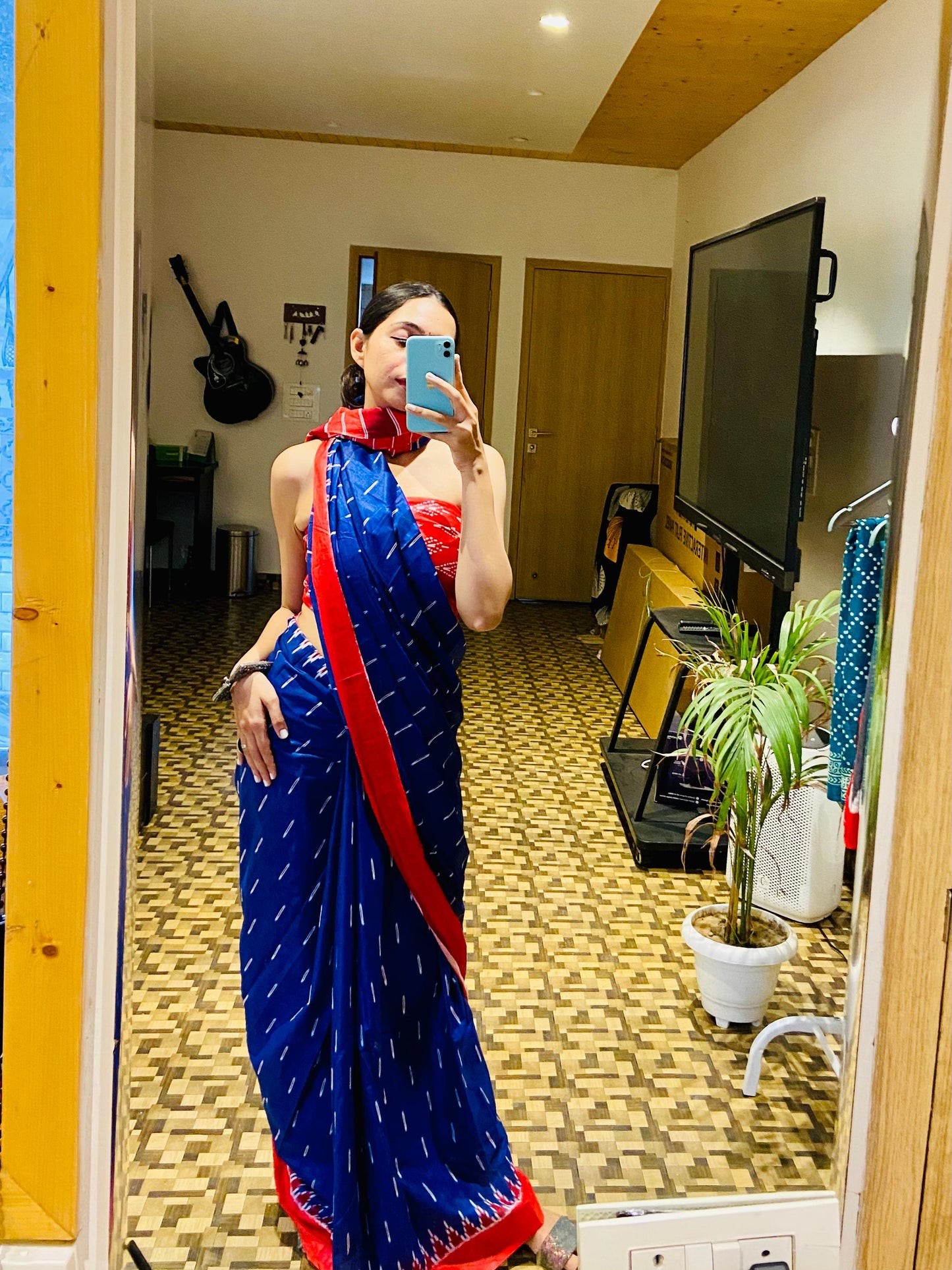 Blue-Red Cotton Printed Saree