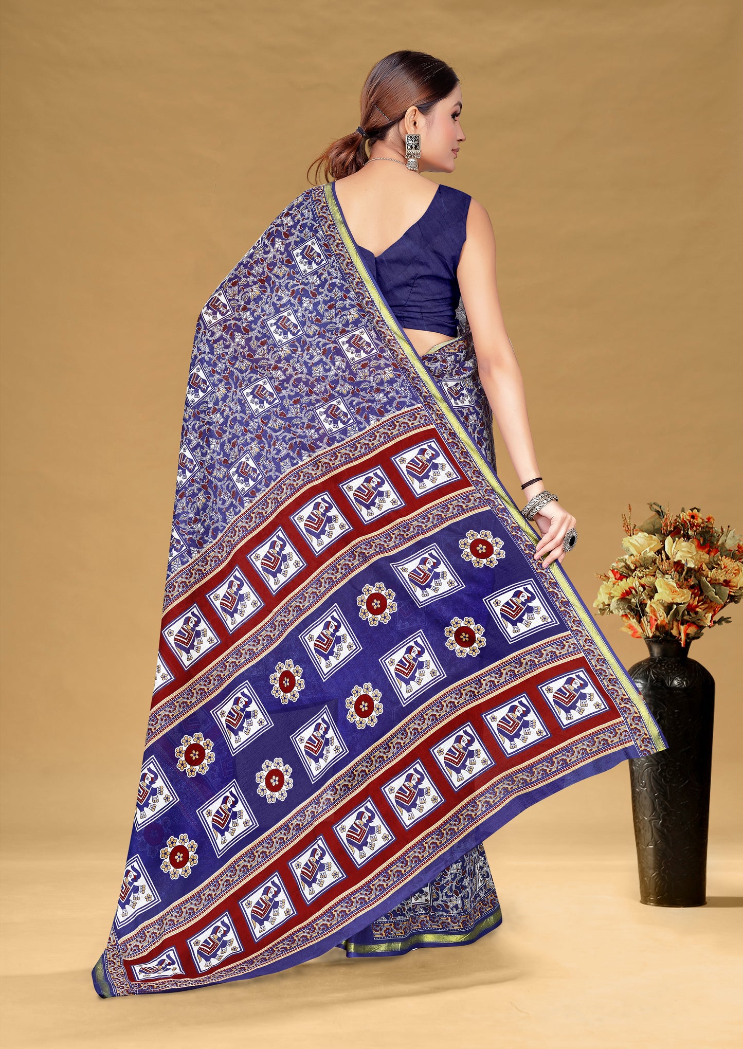 Vintage Blue Cotton Mul Printed Saree